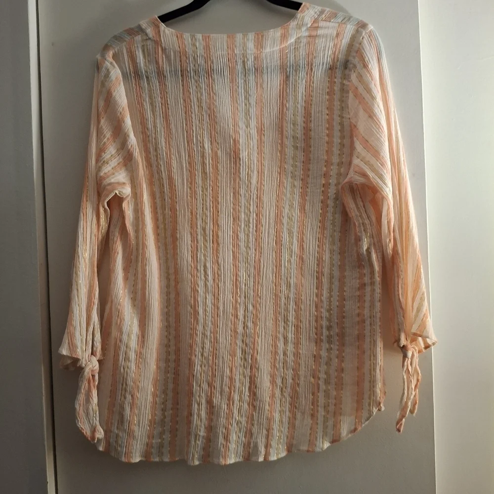 Michael Kors Women's Striped Sheer Pink, White, and Tan Blouse